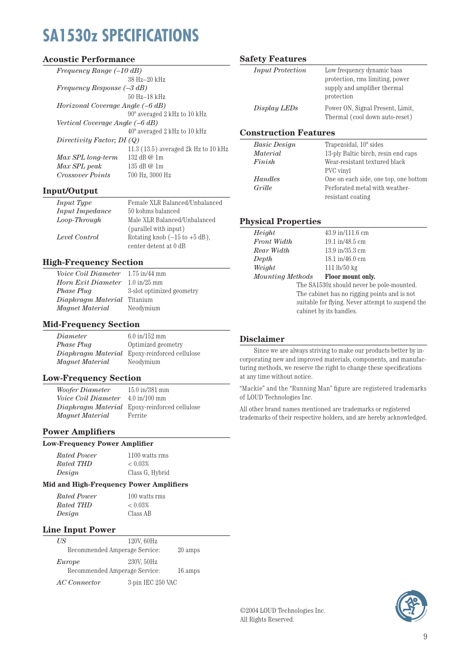 Sa1530z specifications | MACKIE SA1530Z User Manual | Page 9 / 12