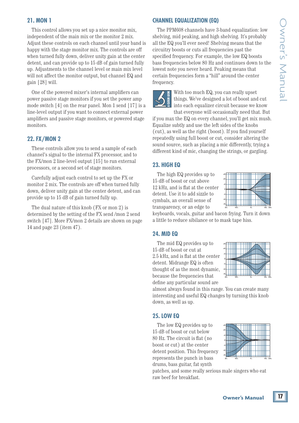 Owner’ s manual, Mon 1, Fx/mon 2 | Channel equalization (eq), High eq, Mid eq, Low eq, Owner’s manual | MACKIE PPM608 User Manual | Page 17 / 32