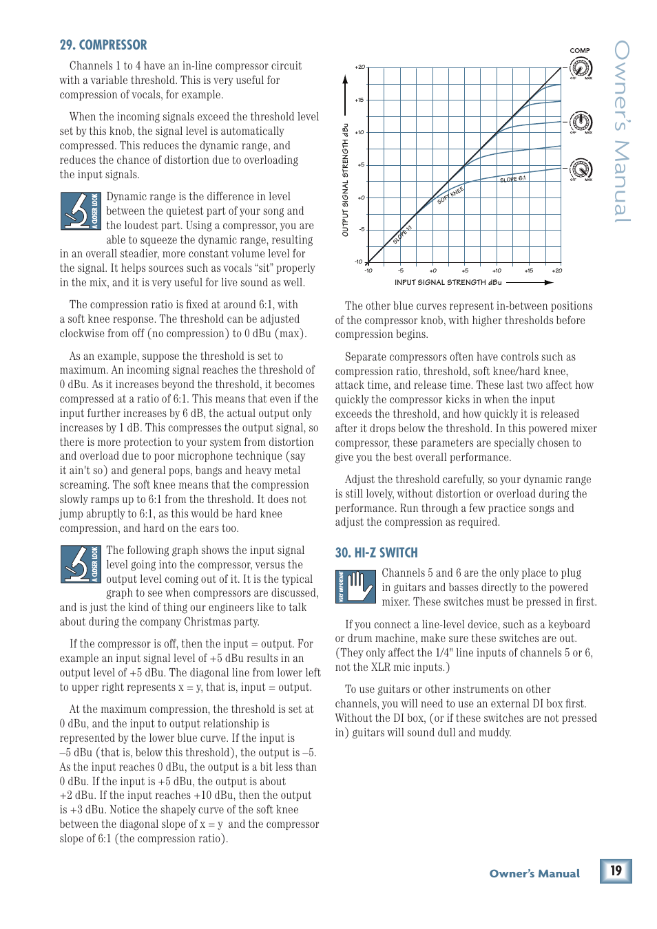 Owner’ s manual, Compressor, Hi-z switch | MACKIE PPM608 User Manual | Page 19 / 32