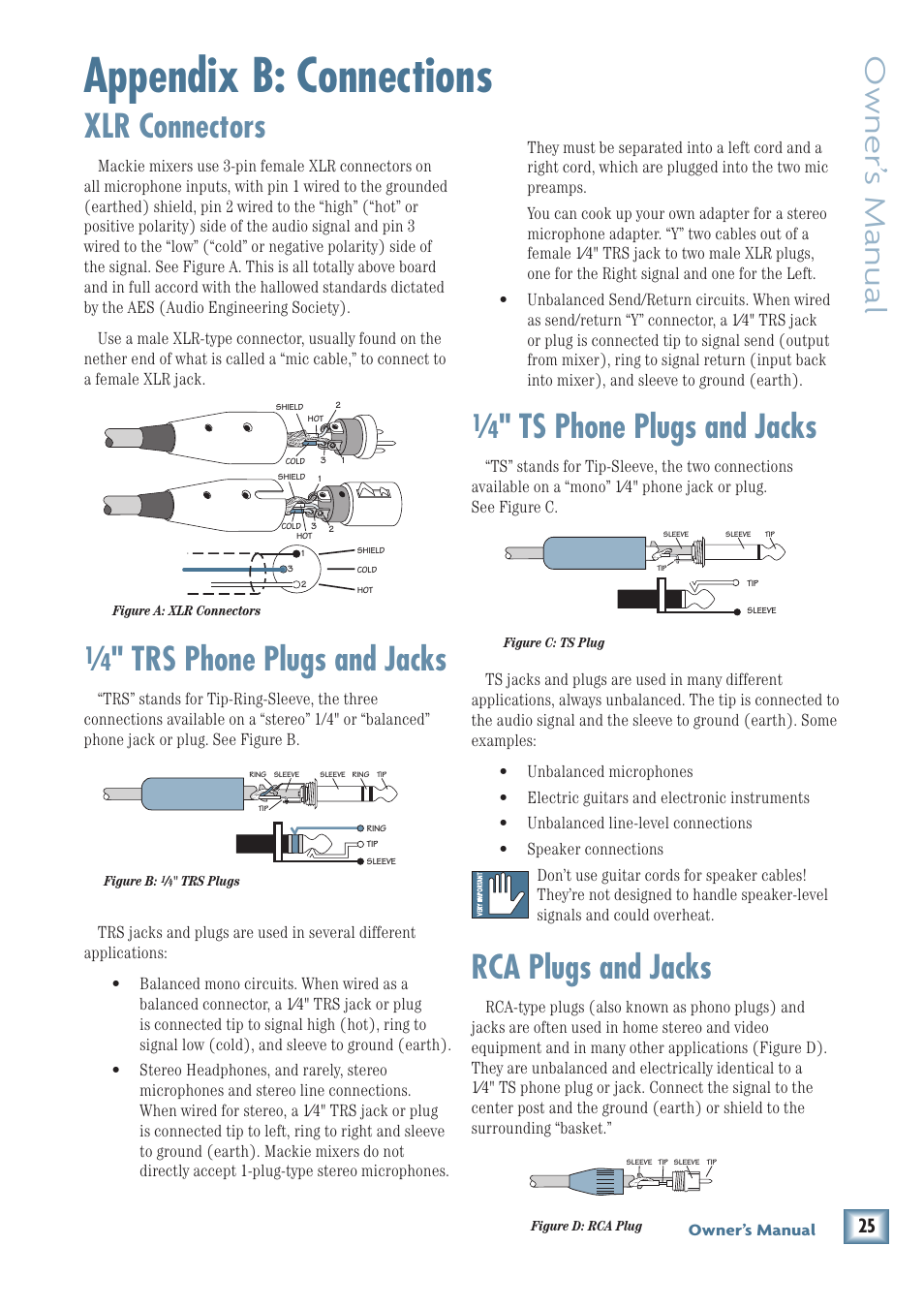 Appendix b: connections, Xlr connectors, Trs phone plugs and jacks | Ts phone plugs and jacks, Rca plugs and jacks, Owner’ s manual | MACKIE PPM608 User Manual | Page 25 / 32
