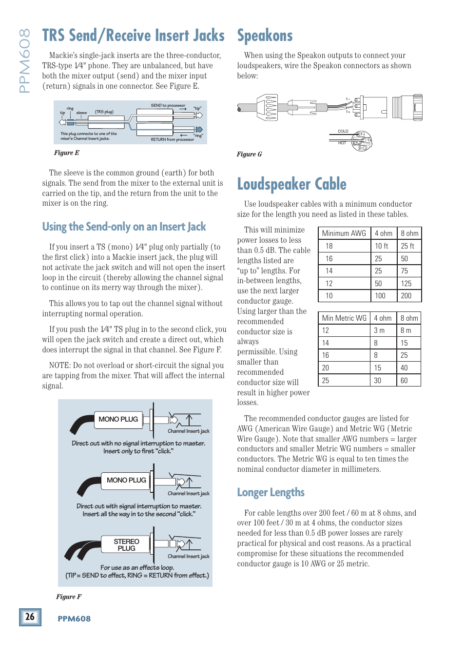 Speakons, Loudspeaker cable, Trs send/receive insert jacks | Ppm608, Longer lengths, Using the send-only on an insert jack | MACKIE PPM608 User Manual | Page 26 / 32