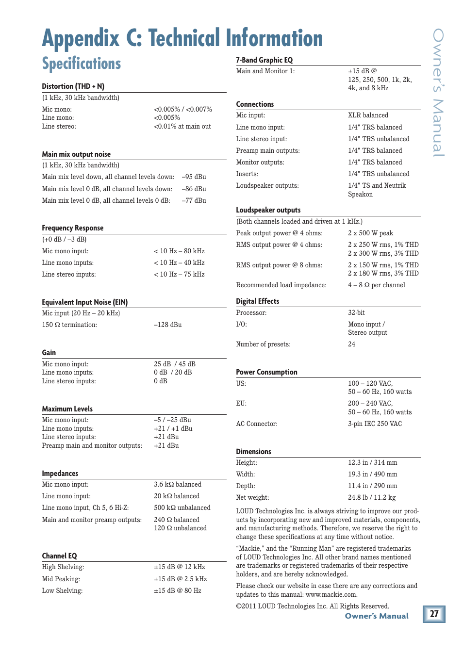 Appendix c: technical information, Specifications, Owner’ s manual | MACKIE PPM608 User Manual | Page 27 / 32