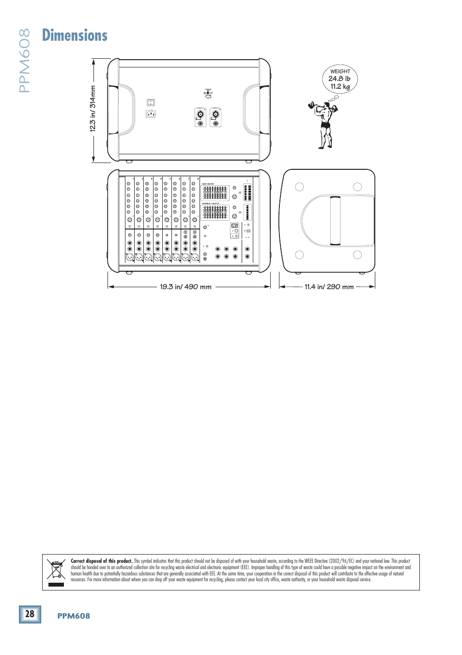 Dimensions, Ppm608 | MACKIE PPM608 User Manual | Page 28 / 32