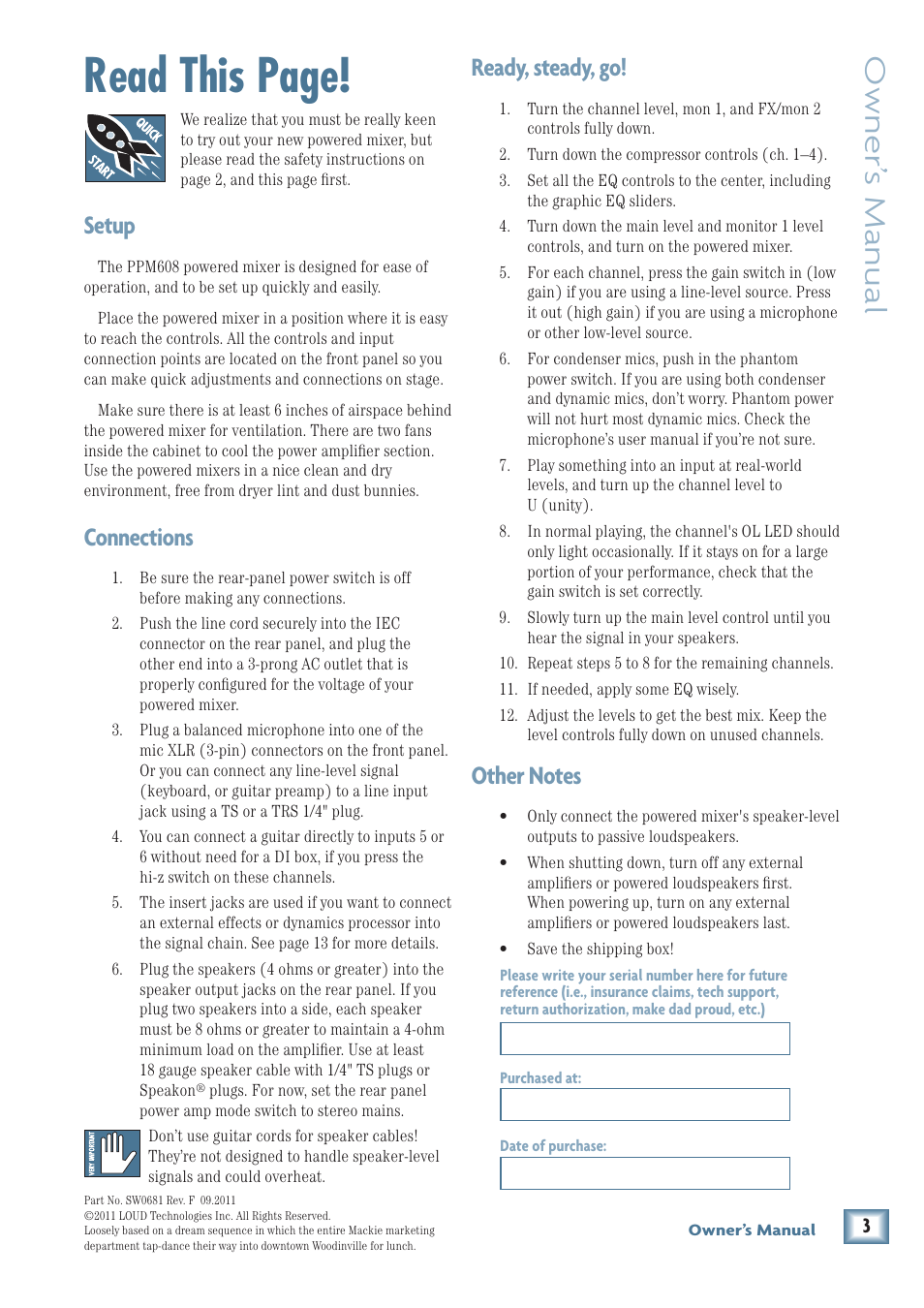Read this page, Owner’ s manual, Ready, steady, go | Setup, Connections | MACKIE PPM608 User Manual | Page 3 / 32
