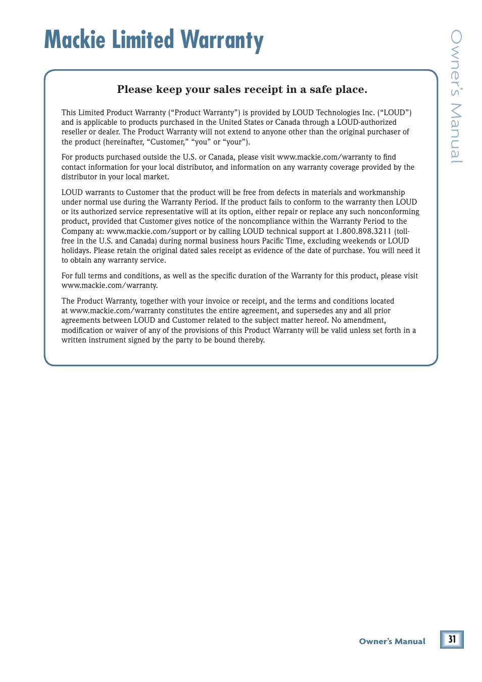 Mackie limited warranty, Owner’ s manual | MACKIE PPM608 User Manual | Page 31 / 32