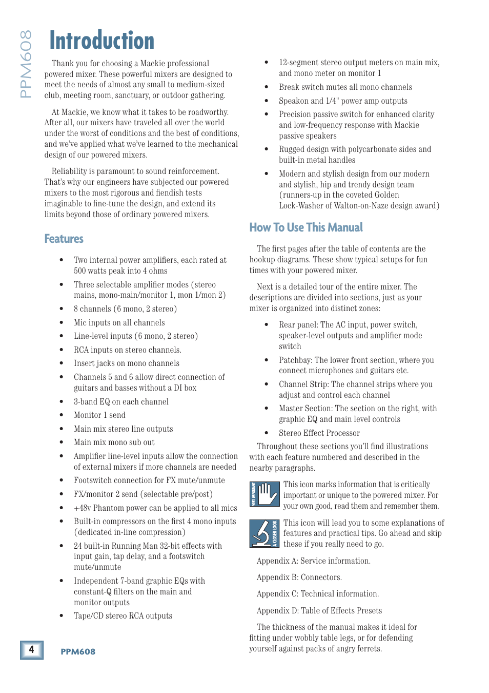 Introduction, Ppm608, Features | How to use this manual | MACKIE PPM608 User Manual | Page 4 / 32