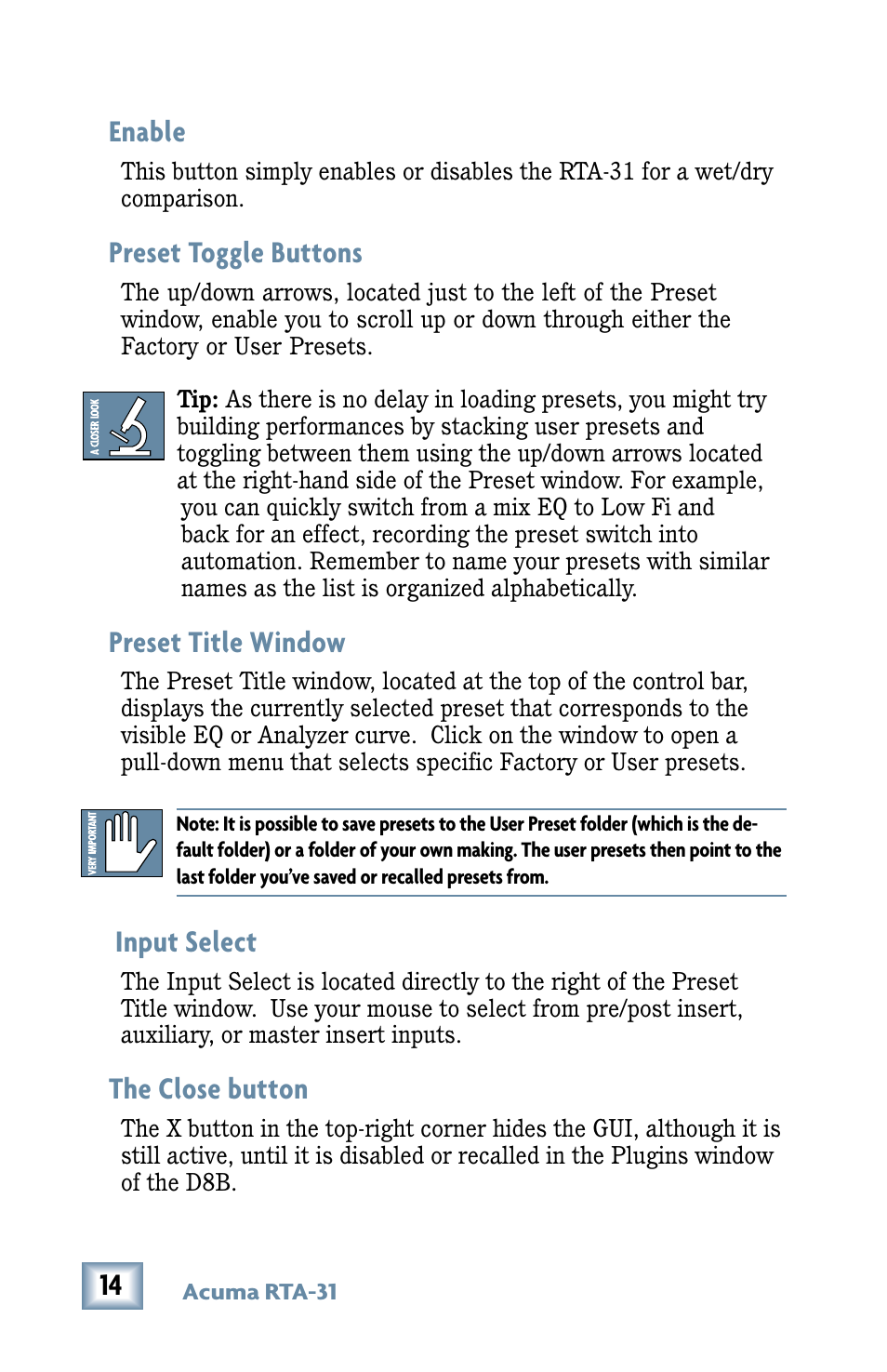 Enable, Preset toggle buttons, Preset title window | Input select, The close button, Enable preset toggle buttons, Preset title window input select the close button | MACKIE RTA-31 User Manual | Page 14 / 28
