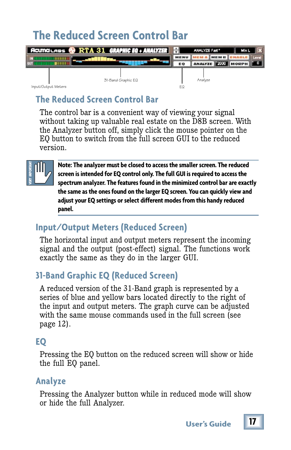 The reduced screen control bar, Input/output meters (reduced screen), Band graphic eq (reduced screen) | Analyze | MACKIE RTA-31 User Manual | Page 17 / 28