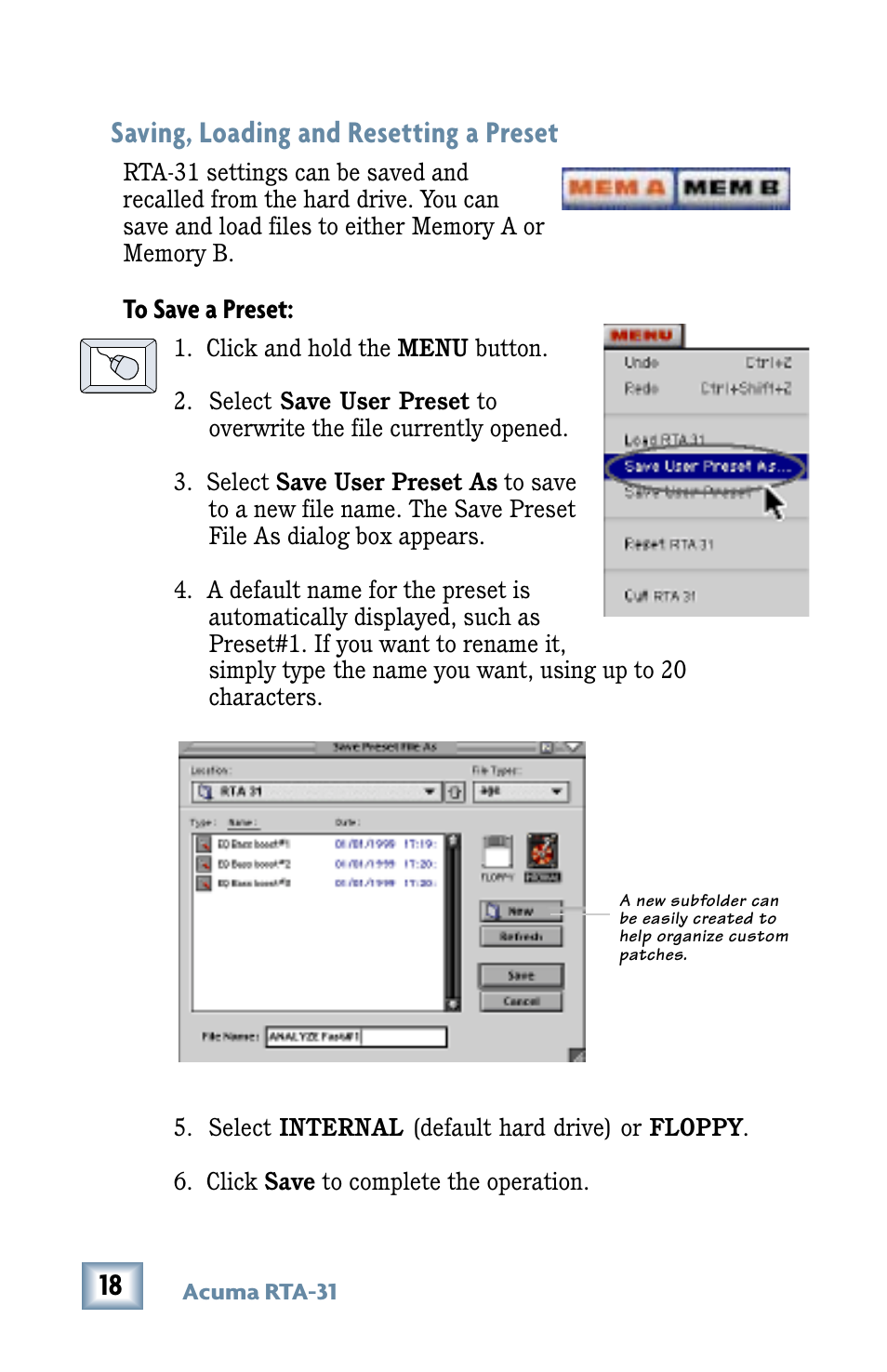 Saving, loading, and resetting a preset, Saving, loading and resetting a preset | MACKIE RTA-31 User Manual | Page 18 / 28