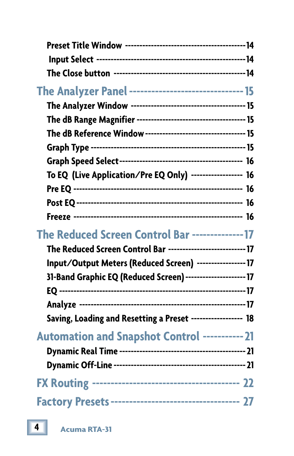 The analyzer panel, The reduced screen control bar, Automation and snapshot control | Fx routing factory presets | MACKIE RTA-31 User Manual | Page 4 / 28