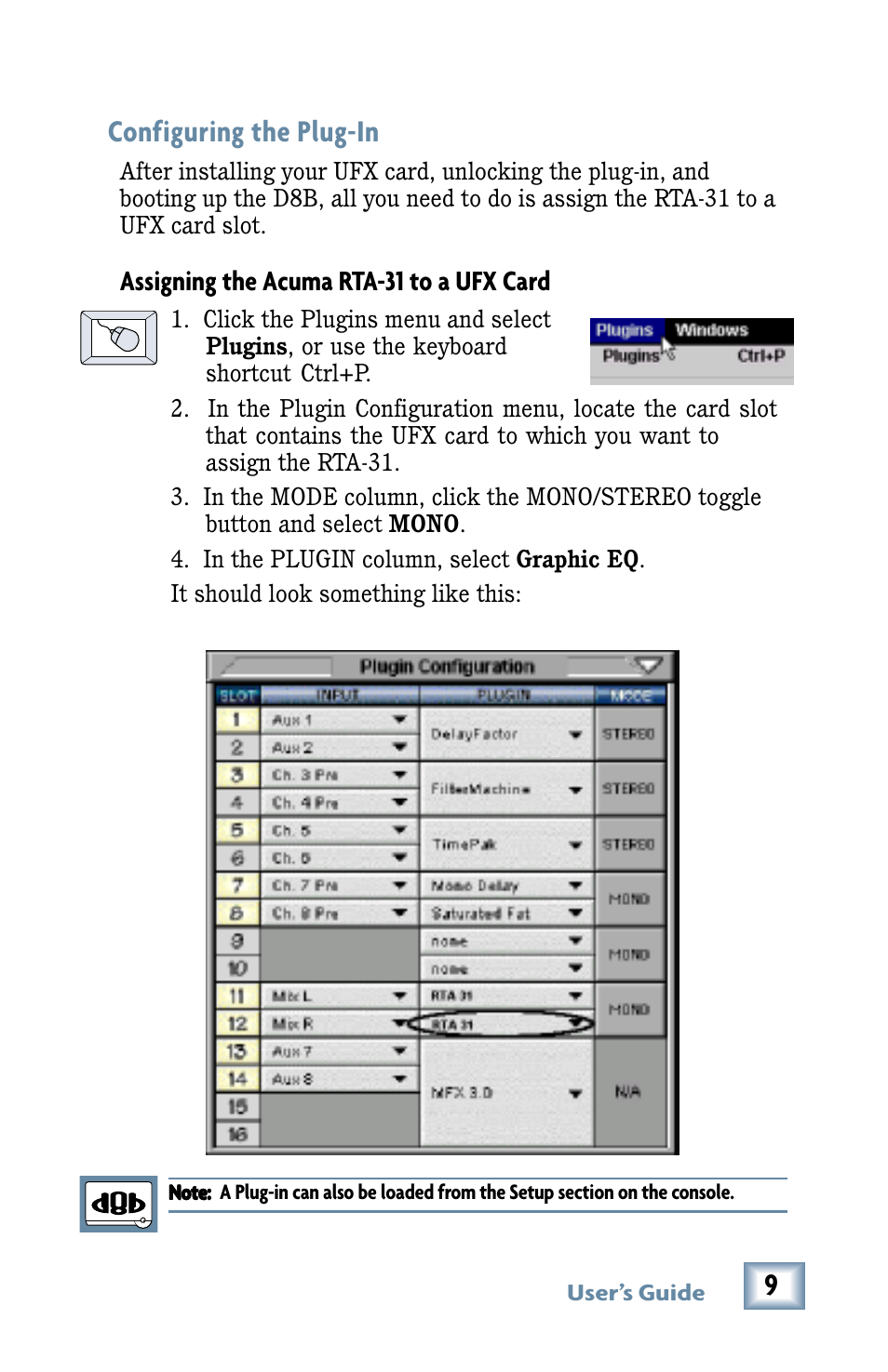 Configuring the plug-in, 9configuring the plug-in, Assigning the acuma rta-31 to a ufx card | MACKIE RTA-31 User Manual | Page 9 / 28