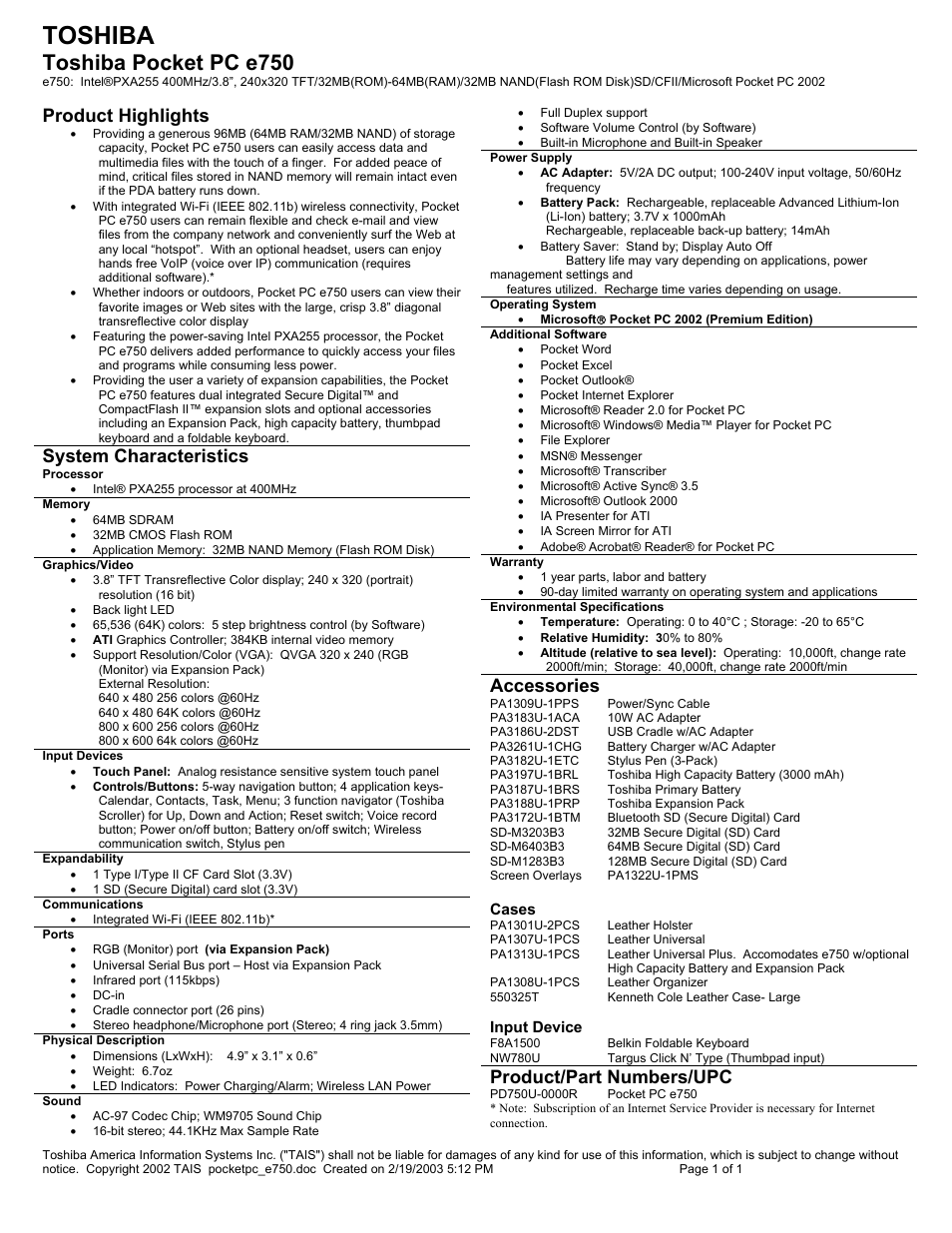 Toshiba e750 User Manual | 1 page