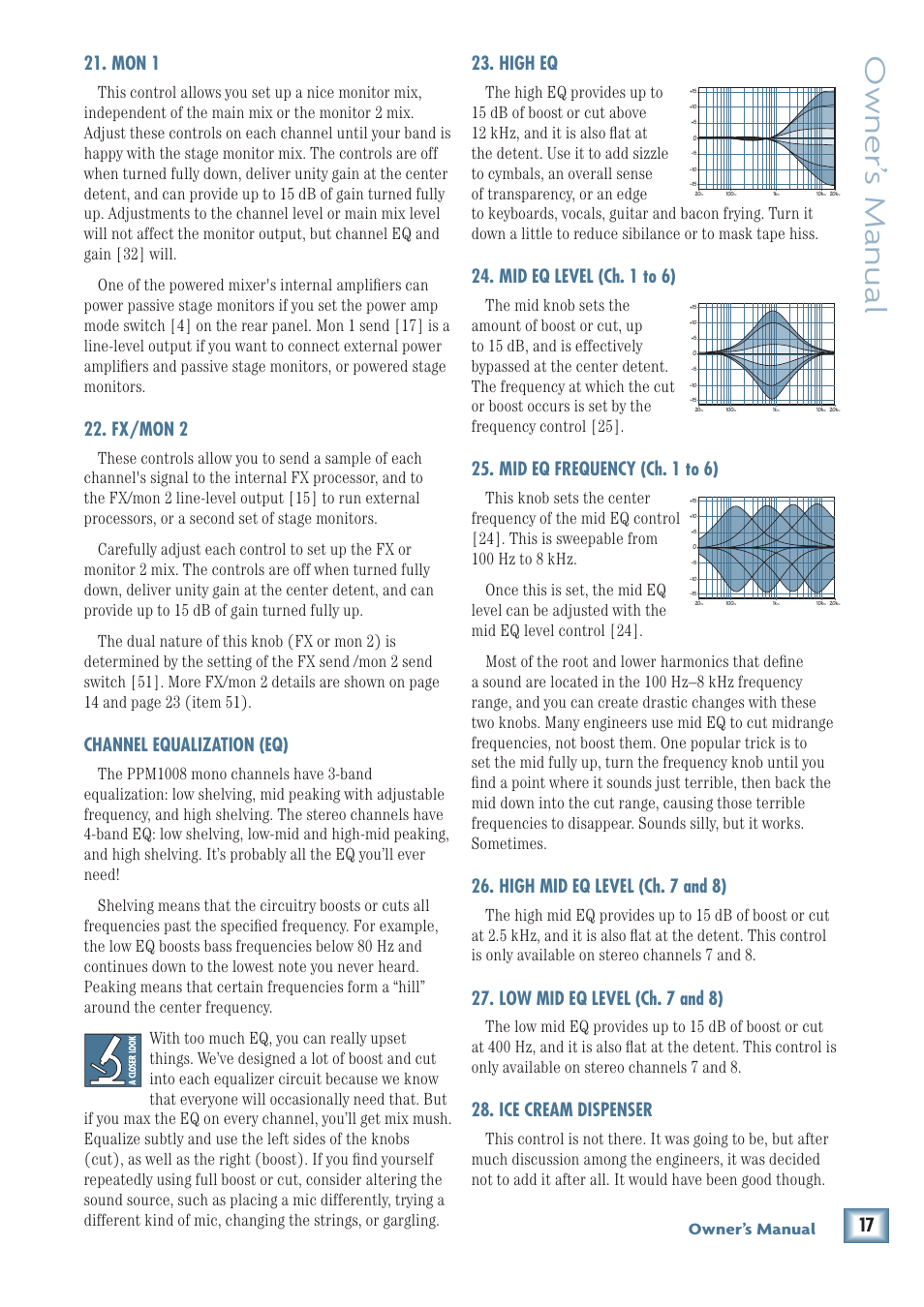 Owner’ s manual, Mon 1, Fx/mon 2 | Channel equalization (eq), High eq, Mid eq level (ch. 1 to 6), Mid eq frequency (ch. 1 to 6), High mid eq level (ch. 7 and 8), Low mid eq level (ch. 7 and 8), Ice cream dispenser | MACKIE PPM1008 User Manual | Page 17 / 32