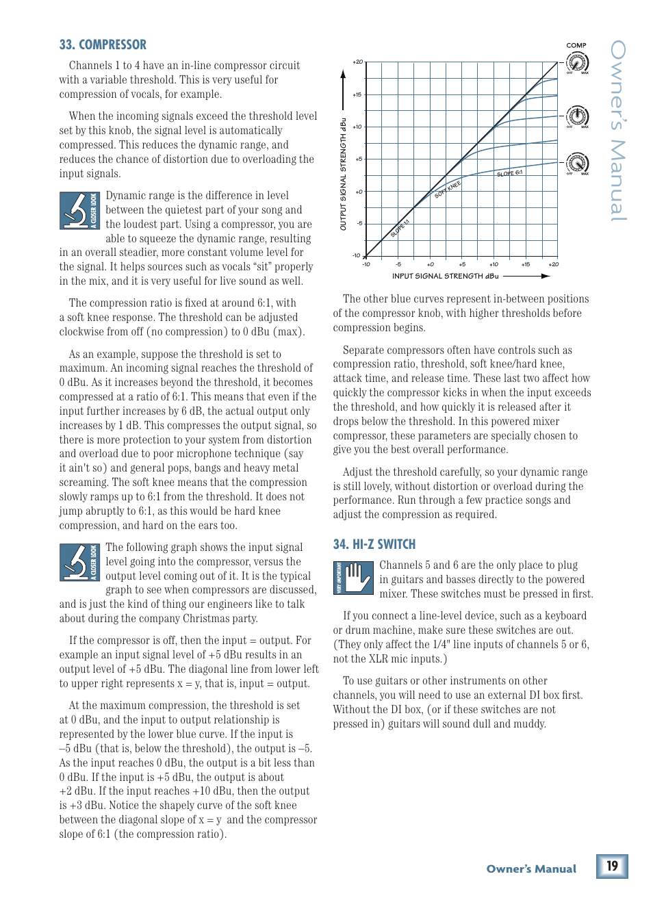 Owner’ s manual, Compressor, Hi-z switch | MACKIE PPM1008 User Manual | Page 19 / 32