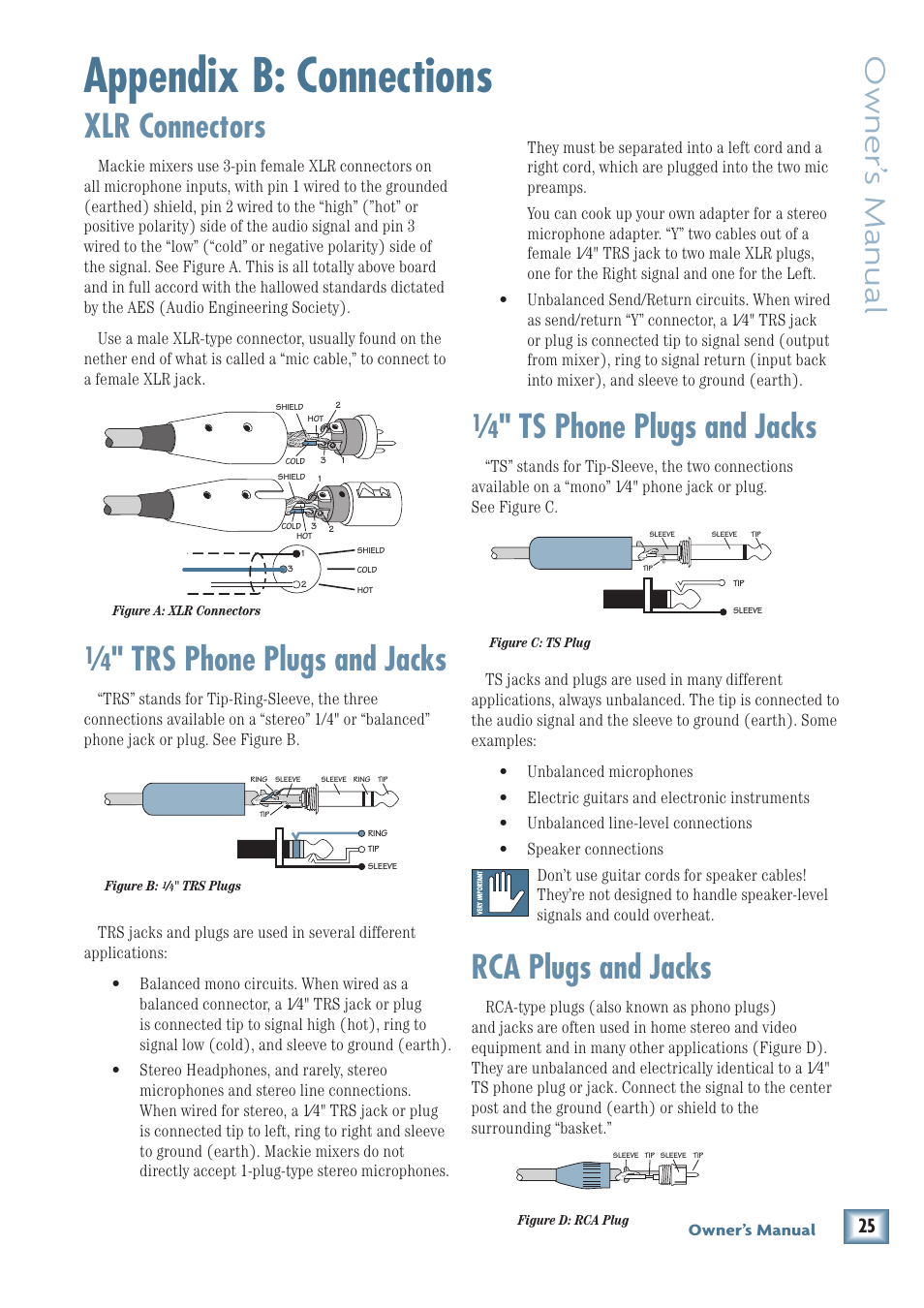 Appendix b: connections, Xlr connectors, Trs phone plugs and jacks | Ts phone plugs and jacks, Rca plugs and jacks, Owner’ s manual | MACKIE PPM1008 User Manual | Page 25 / 32