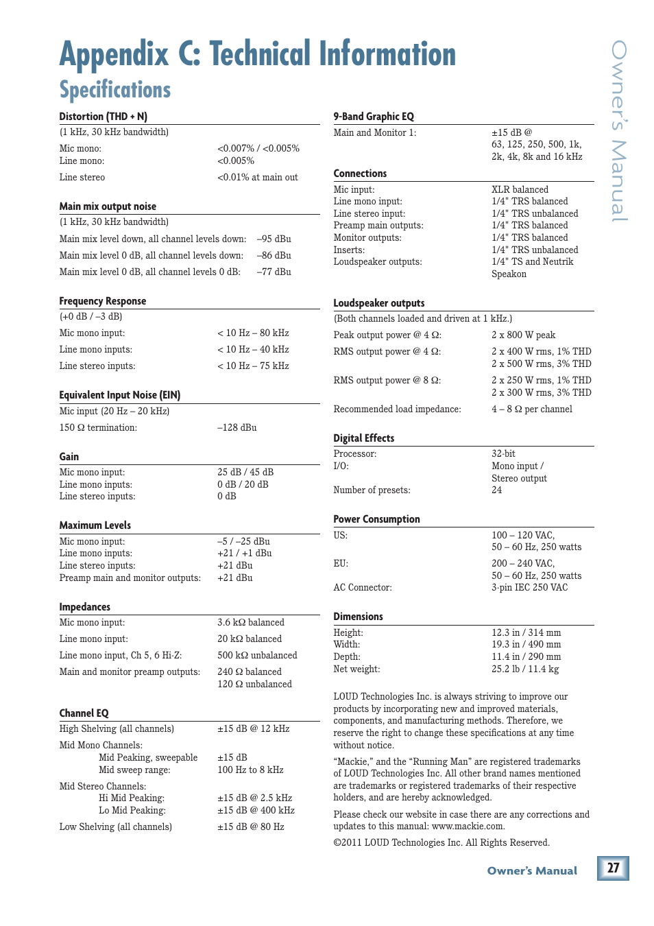 Appendix c: technical information, Specifications, Owner’ s manual | MACKIE PPM1008 User Manual | Page 27 / 32