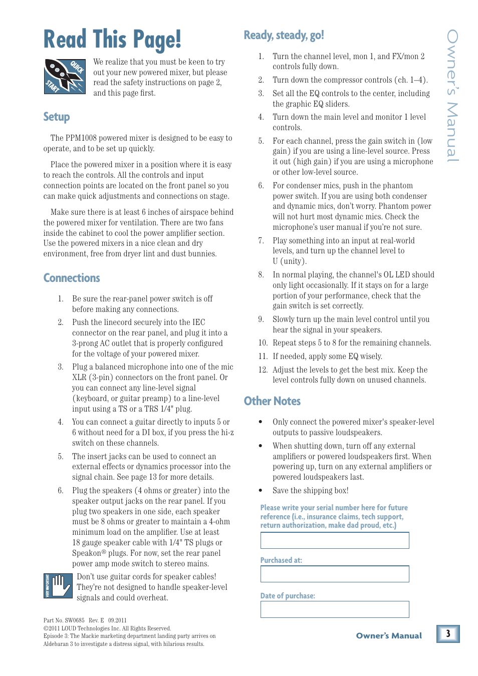 Read this page, Owner’ s manual, Ready, steady, go | Setup, Connections | MACKIE PPM1008 User Manual | Page 3 / 32