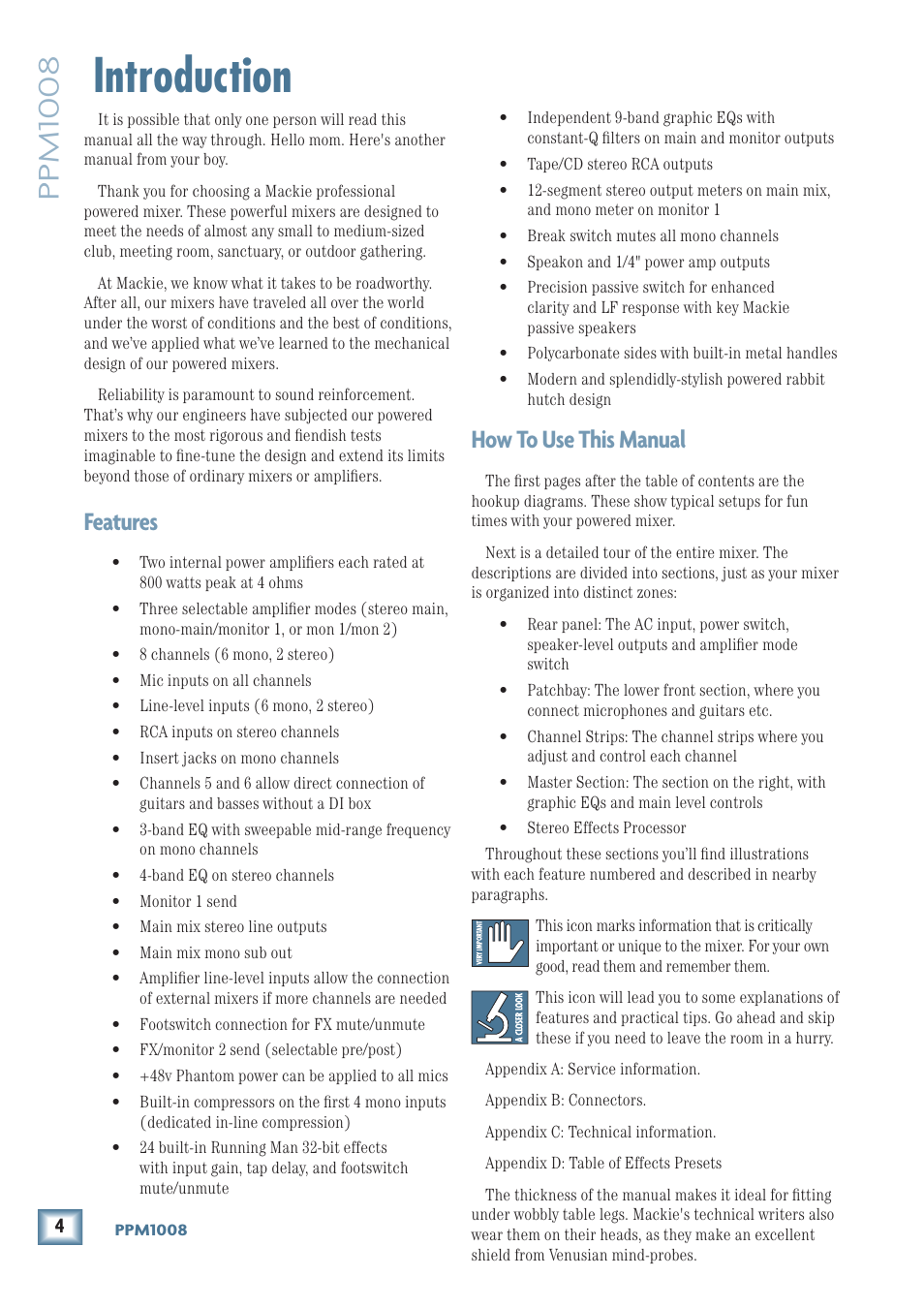 Introduction, Ppm1008, Features | How to use this manual | MACKIE PPM1008 User Manual | Page 4 / 32