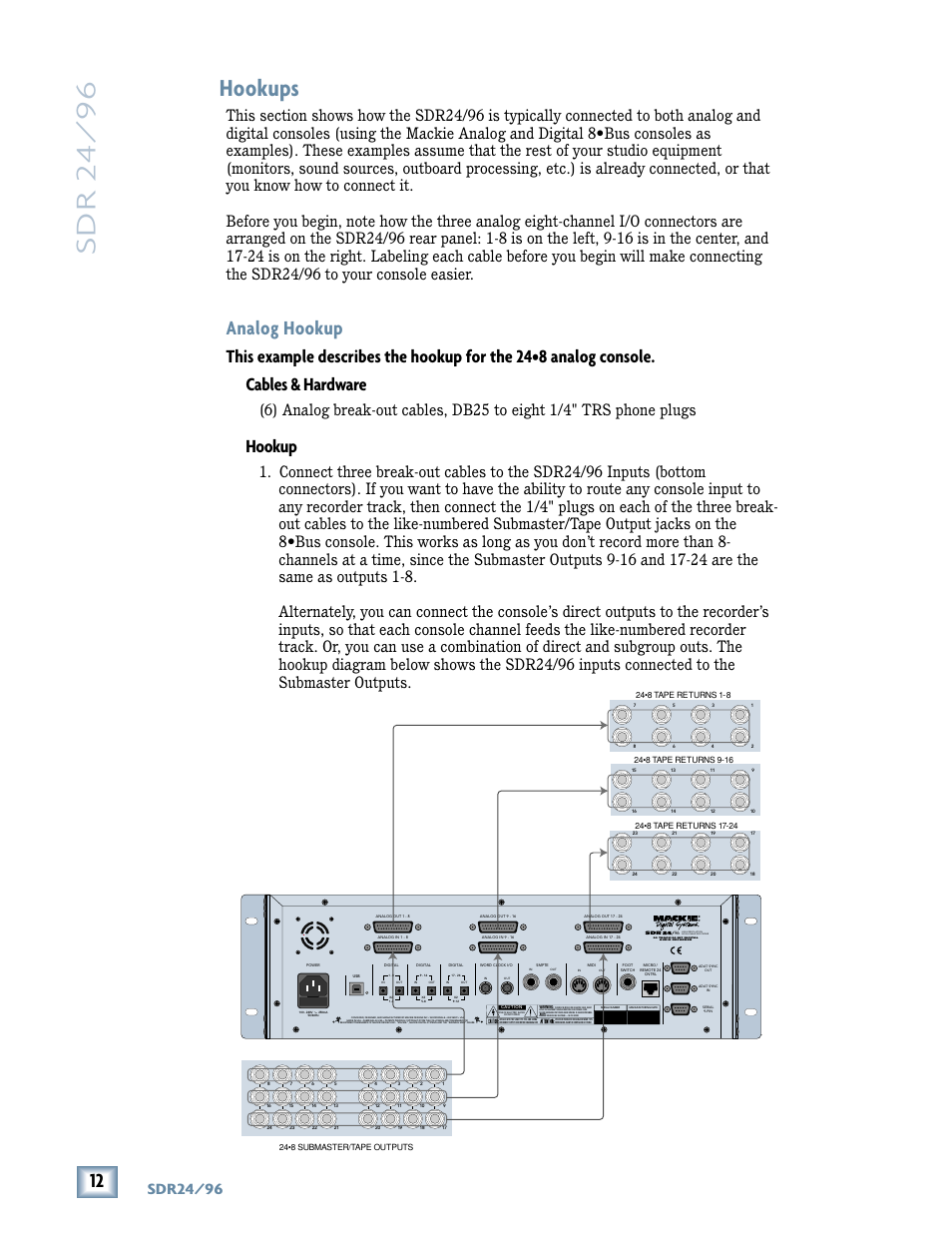 Sdr 24/ 96, Hookups, Analog hookup | Hookup, Sdr24/96, High resolution non-linear recorder | MACKIE SDR96 User Manual | Page 12 / 56