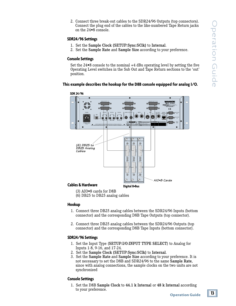 Oper a tion guide, Sdr24/96 settings, Console settings | Cables & hardware, Hookup, Operation guide, Aio•8 cards | MACKIE SDR96 User Manual | Page 13 / 56