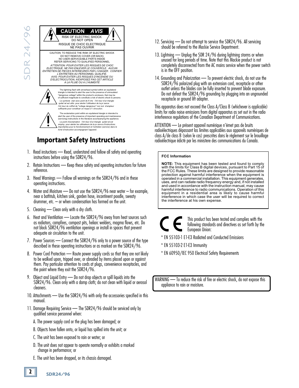 Sdr 24/ 96, Important safety instructions | MACKIE SDR96 User Manual | Page 2 / 56
