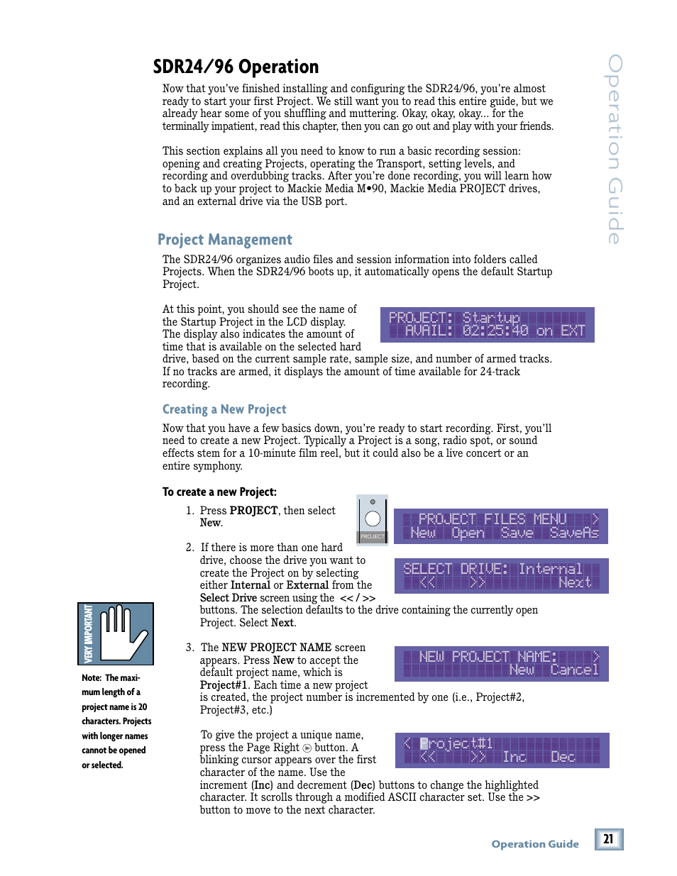 Sdr24/96 operation, Oper a tion guide, Project management | MACKIE SDR96 User Manual | Page 21 / 56