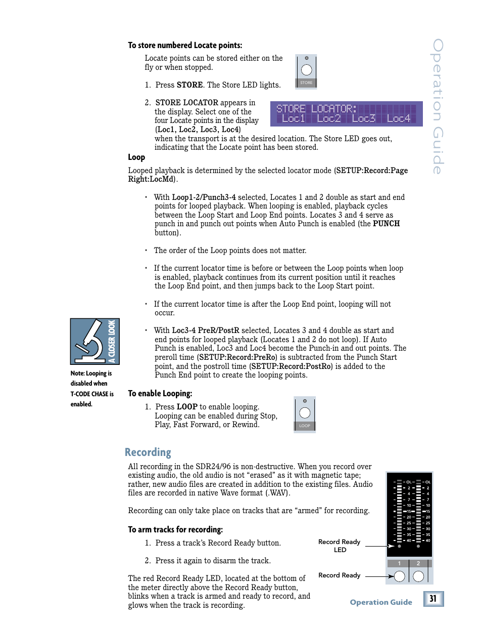 Oper a tion guide, Recording, Store locator: loc1 loc2 loc3 loc4 | MACKIE SDR96 User Manual | Page 31 / 56