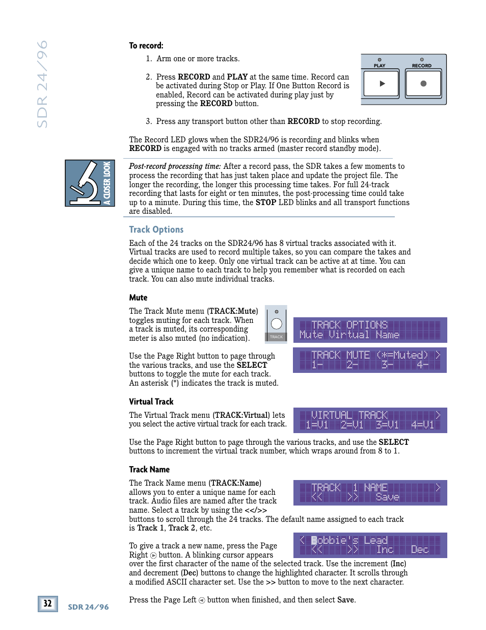 Sdr 24/ 96, Track mute (*=muted) > 1- 2- 3- 4 | MACKIE SDR96 User Manual | Page 32 / 56