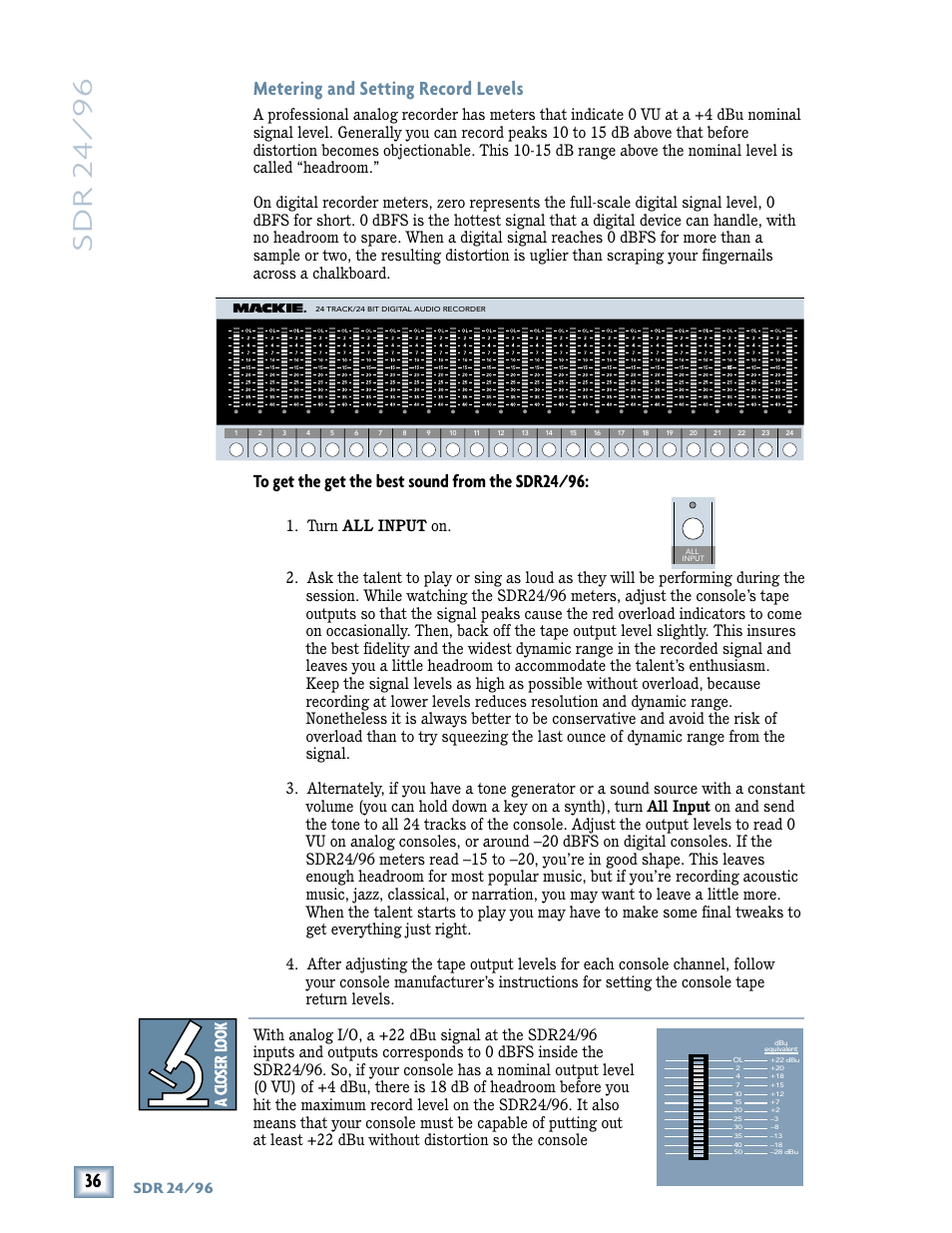 Sdr 24/ 96, Metering and setting record levels, Sdr 24/96 | MACKIE SDR96 User Manual | Page 36 / 56