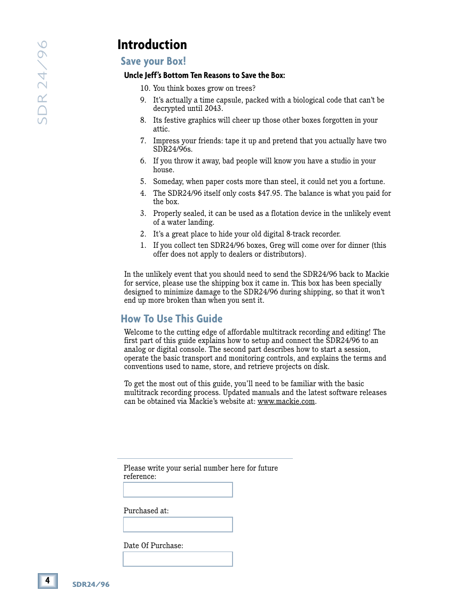 Introduction, Sdr 24/ 96, Save your box | How to use this guide | MACKIE SDR96 User Manual | Page 4 / 56