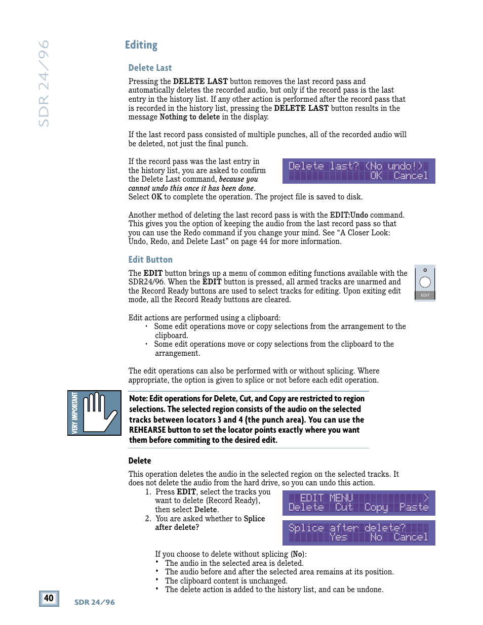 Sdr 24/ 96, Editing, Delete last? (no undo!) ok cancel | MACKIE SDR96 User Manual | Page 40 / 56