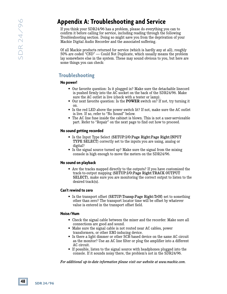 Appendix a: troubleshooting and service, Sdr 24/ 96, Troubleshooting | MACKIE SDR96 User Manual | Page 48 / 56