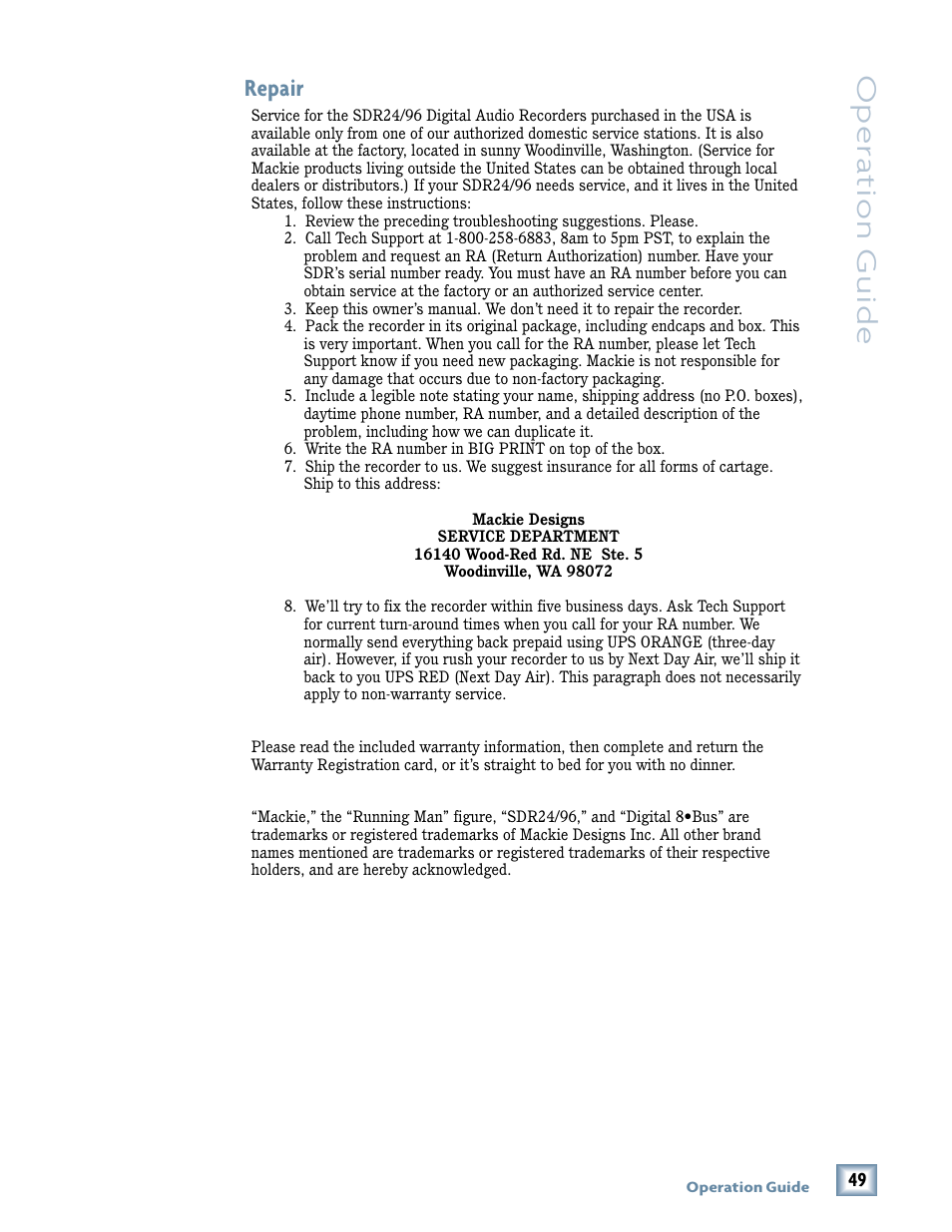 Oper a tion guide, Repair | MACKIE SDR96 User Manual | Page 49 / 56