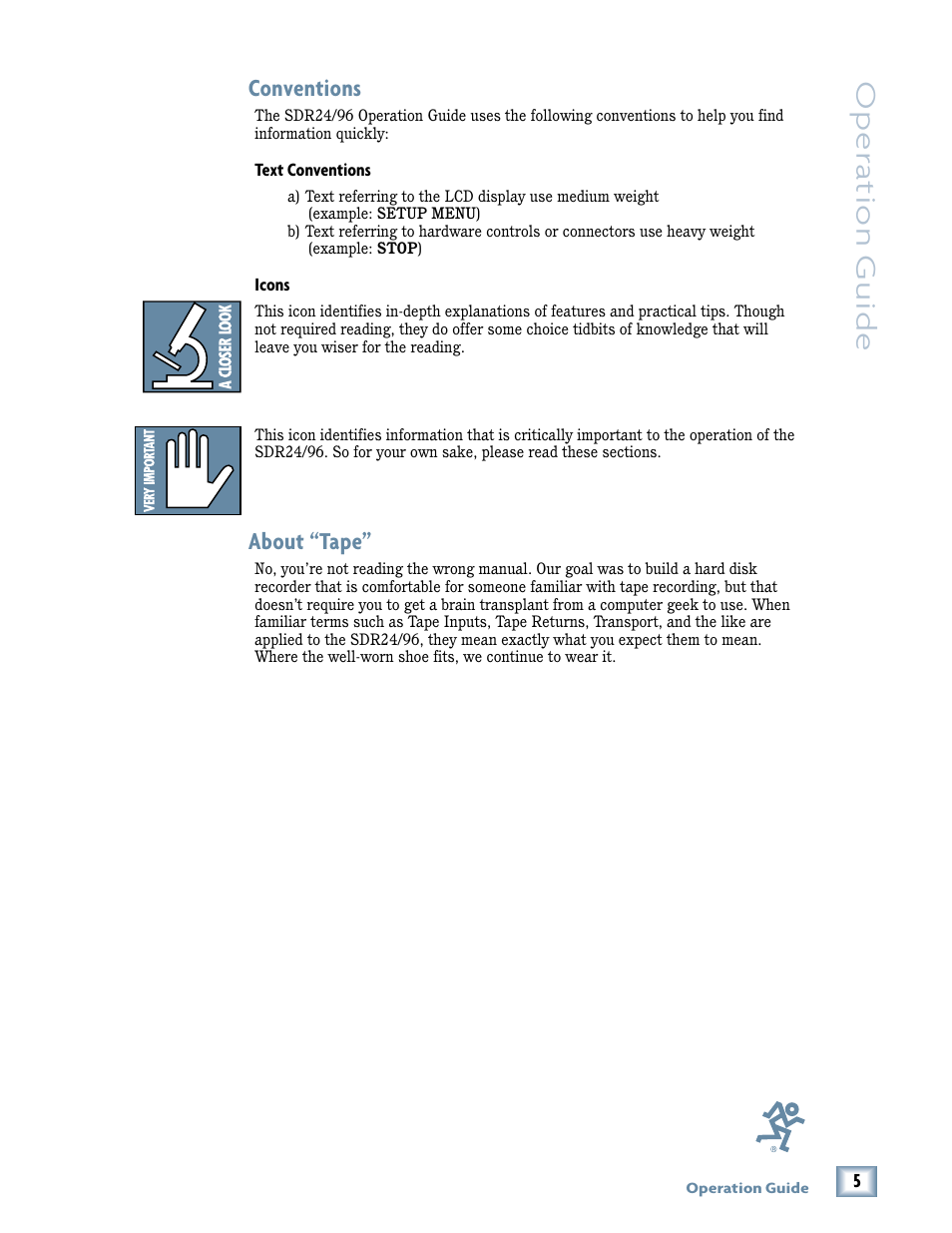 Oper a tion guide, Conventions, About “tape | MACKIE SDR96 User Manual | Page 5 / 56