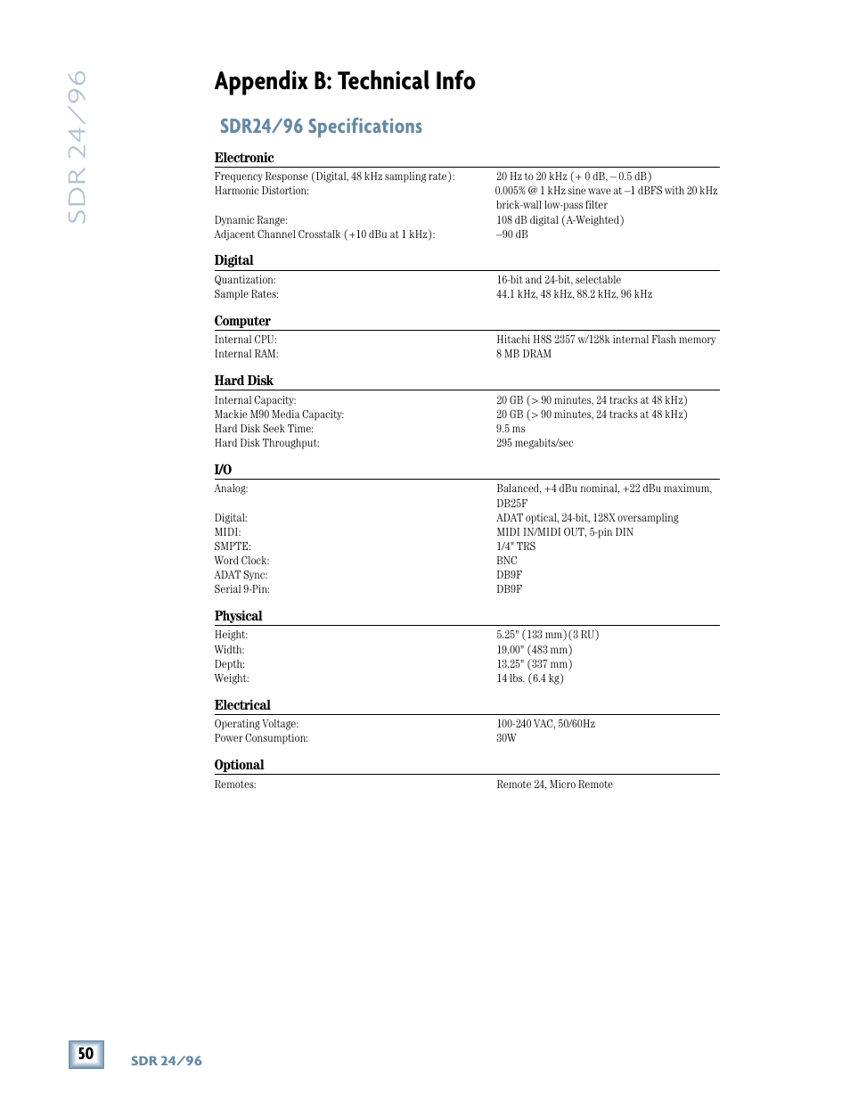 Appendix b: technical info, Sdr 24/ 96, Sdr24/96 specifications | MACKIE SDR96 User Manual | Page 50 / 56