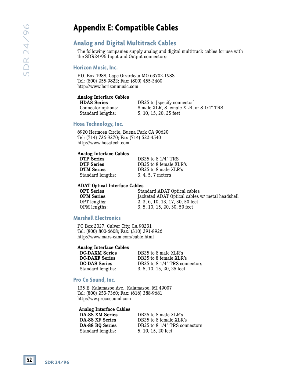 Appendix e: compatible cables, Sdr 24/ 96, Analog and digital multitrack cables | MACKIE SDR96 User Manual | Page 52 / 56