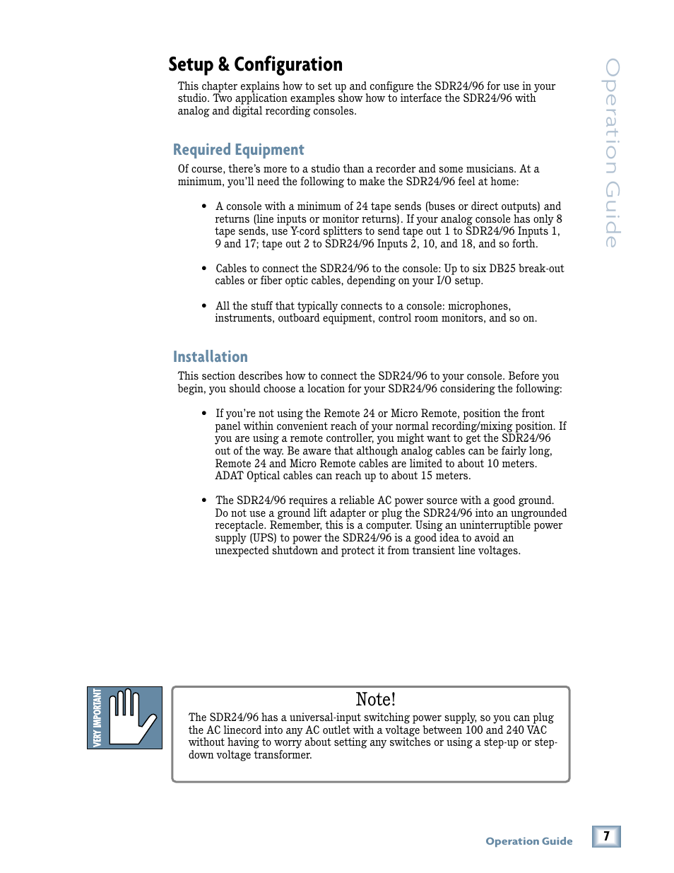 Setup & configuration, Oper a tion guide, Required equipment | Installation | MACKIE SDR96 User Manual | Page 7 / 56