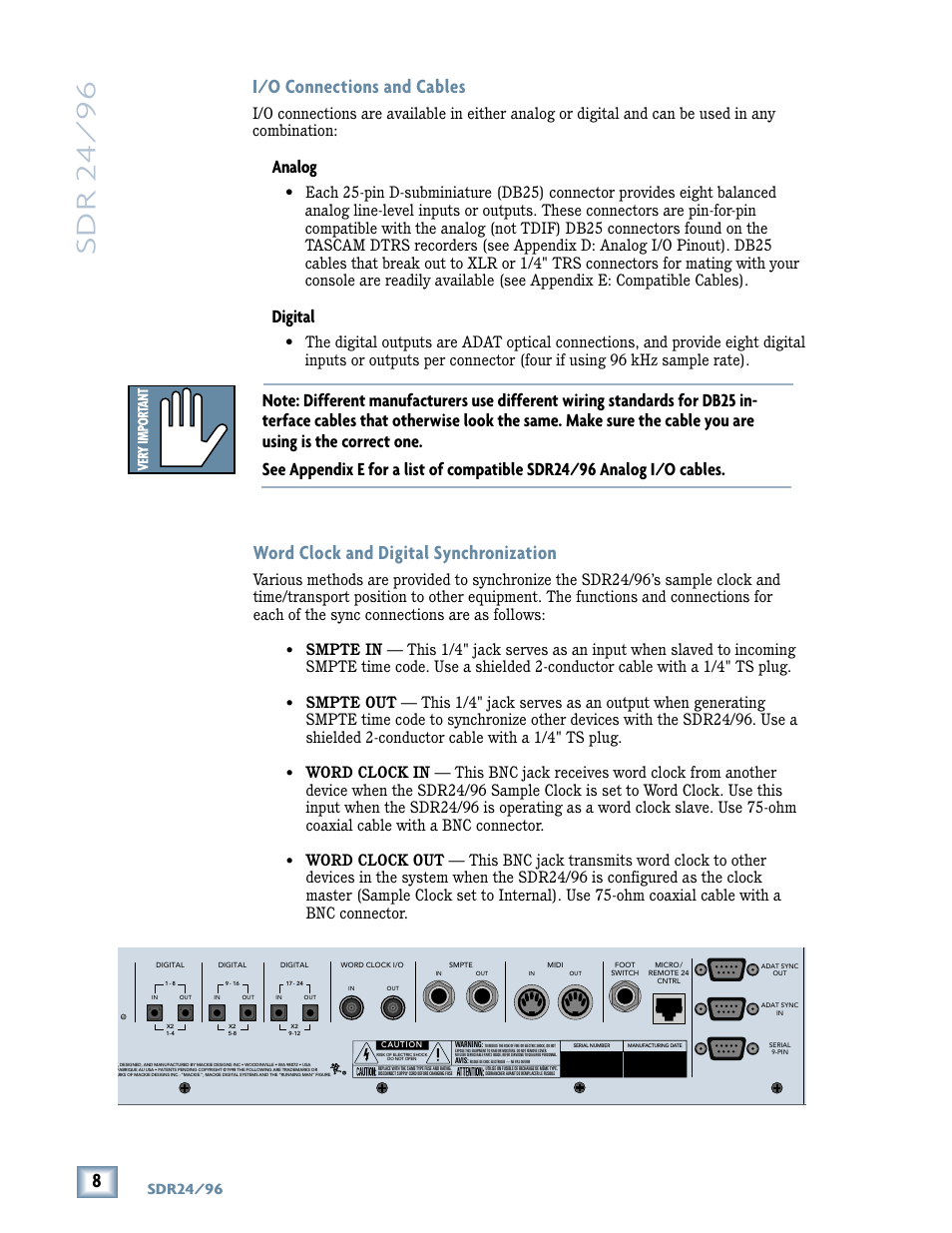 Sdr 24/ 96, I/o connections and cables, Word clock and digital synchronization | Analog, Digital, Sdr24/96 | MACKIE SDR96 User Manual | Page 8 / 56