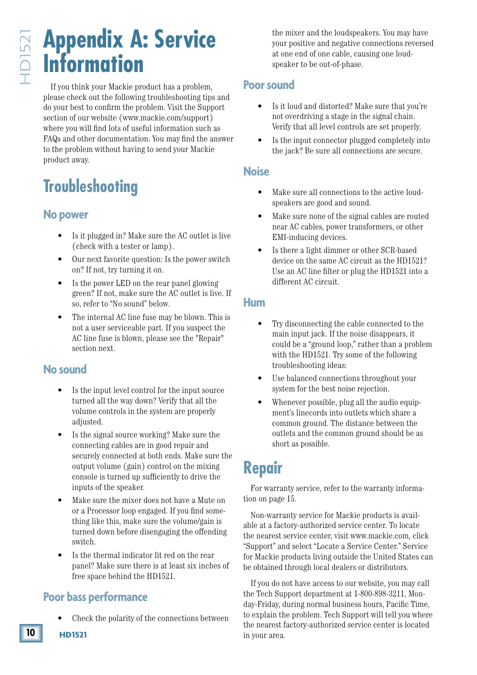 Appendix a: service information, Repair, Troubleshooting | Hd15 21, Poor sound, Noise, No power, No sound, Poor bass performance | MACKIE HD1521 User Manual | Page 10 / 16