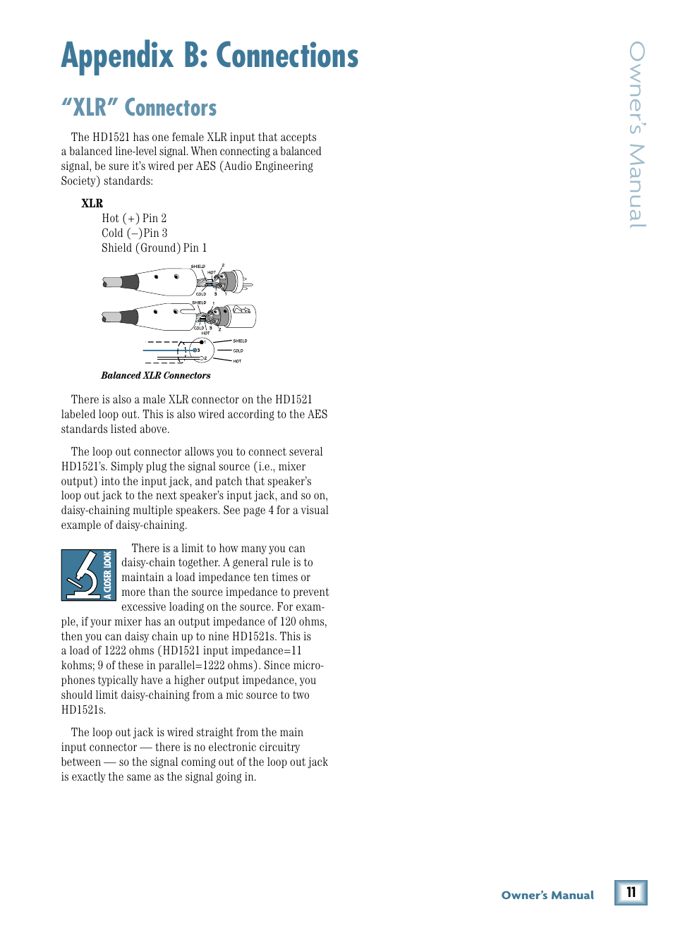 Appendix b: connections, Xlr” connectors, Owner’ s manual | MACKIE HD1521 User Manual | Page 11 / 16