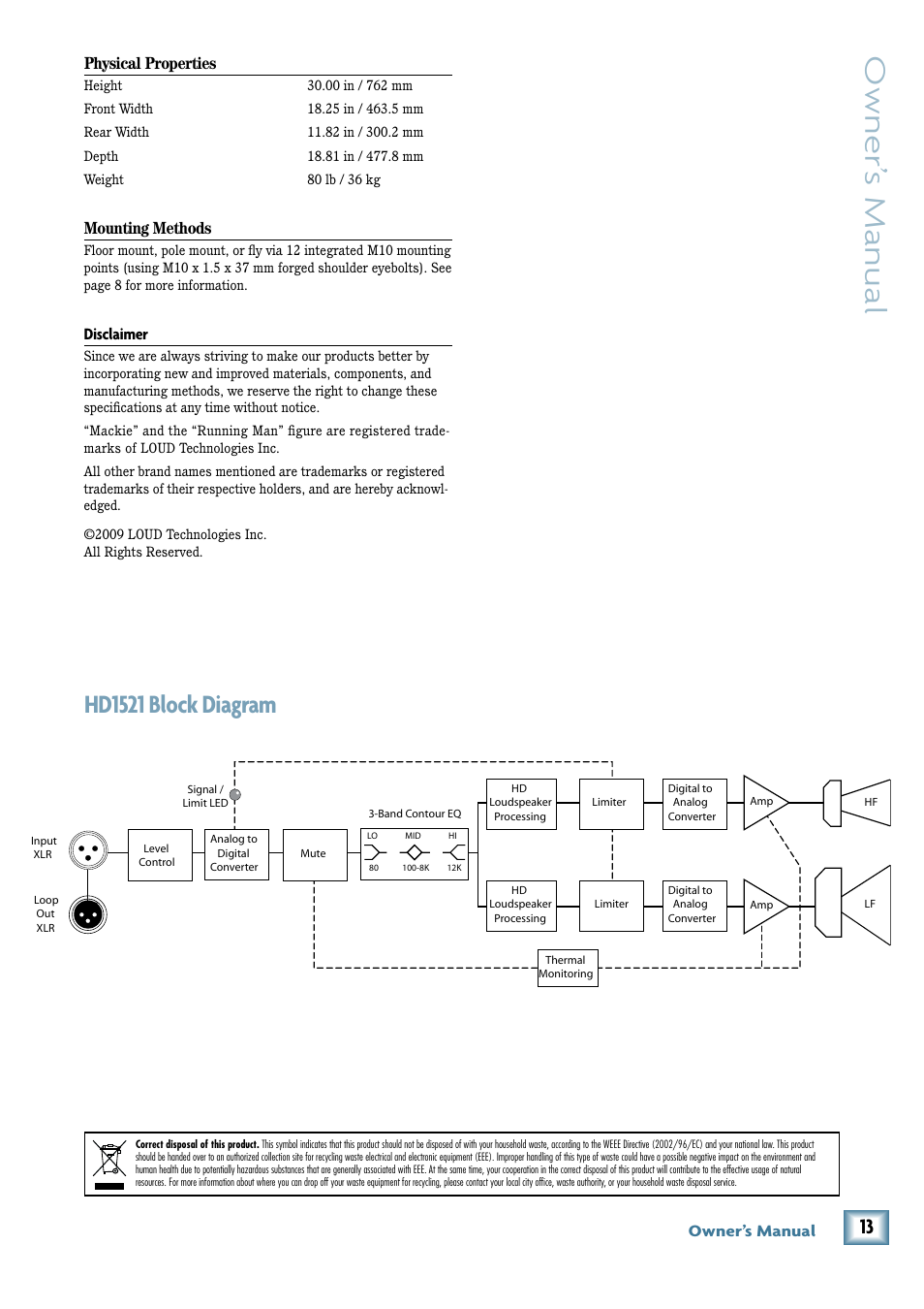 Hd1521 block diagram, Owner’ s manual, Hd151 block diagram | MACKIE HD1521 User Manual | Page 13 / 16