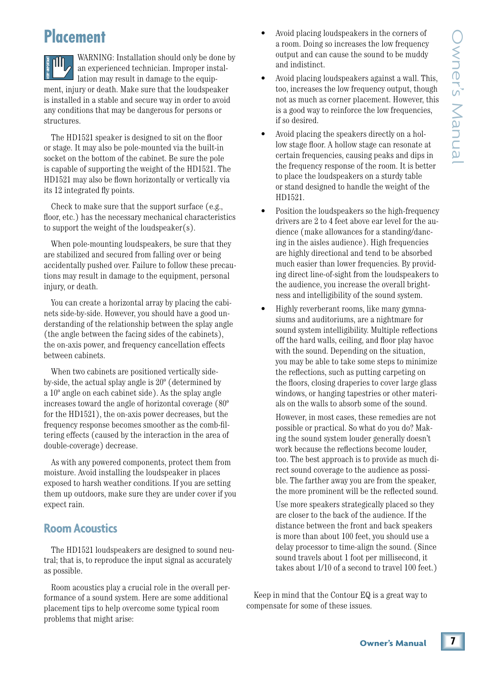 Placement, Room acoustics, Owner’ s manual | MACKIE HD1521 User Manual | Page 7 / 16