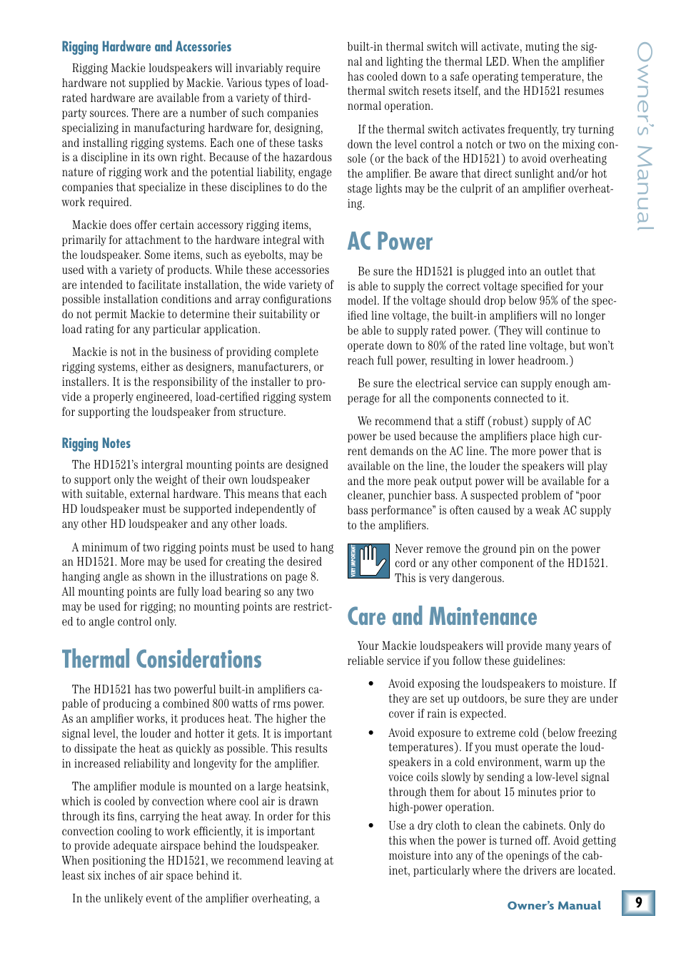 Rigging hardware and accessories, Rigging notes, Thermal considerations | Ac power, Care and maintenance, Owner’ s manual | MACKIE HD1521 User Manual | Page 9 / 16