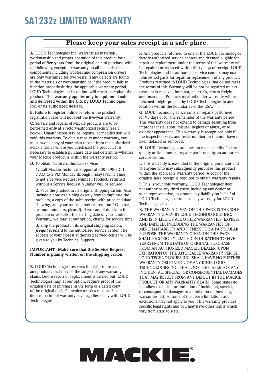 Sa1232z limited warranty, Please keep your sales receipt in a safe place | MACKIE SA1232Z User Manual | Page 11 / 12