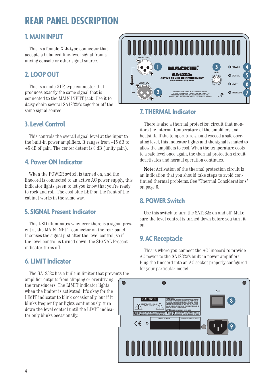 Main input, Loop out, Level control | Power on indicator, Signal present indicator, Limit indicator, Thermal indicator, Power switch, Ac receptacle, Rear panel description | MACKIE SA1232Z User Manual | Page 4 / 12
