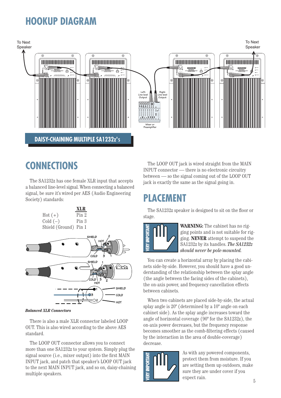 Hookup diagram, Connections, Placement | Hookup diagram connections placement, Daisy-chaining multiple sa1232z, Balanced xlr connectors, 1202-vlzpro | MACKIE SA1232Z User Manual | Page 5 / 12