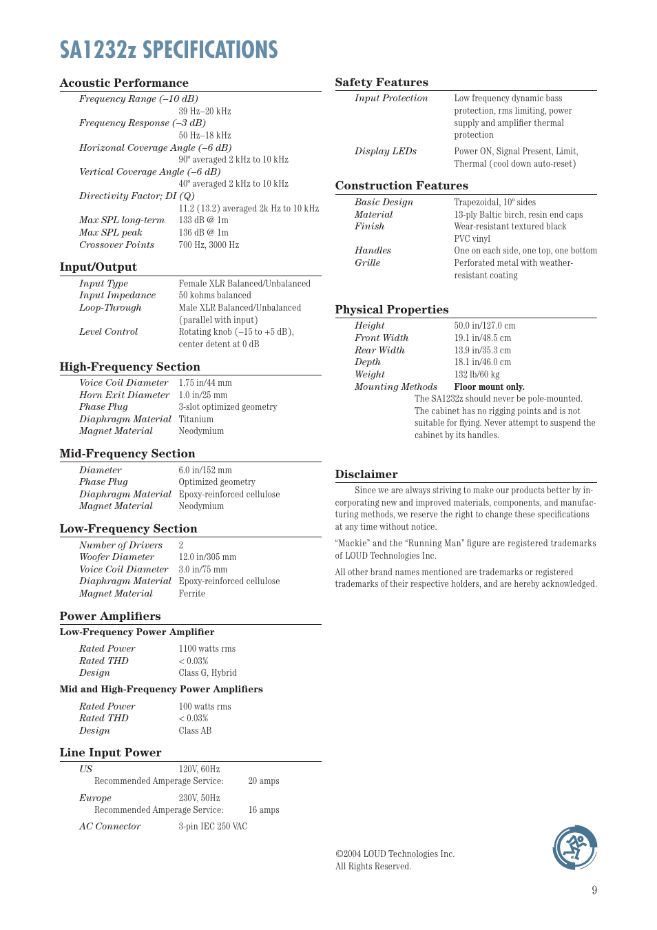 Sa1232z specifications | MACKIE SA1232Z User Manual | Page 9 / 12