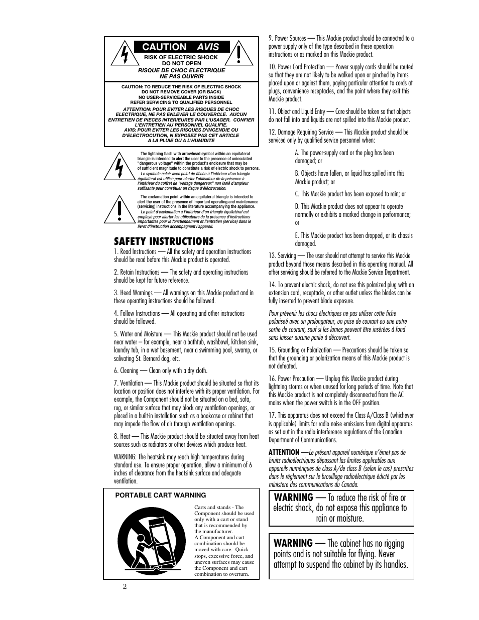 Safety instructions, Caution avis | MACKIE SA1521 User Manual | Page 2 / 12
