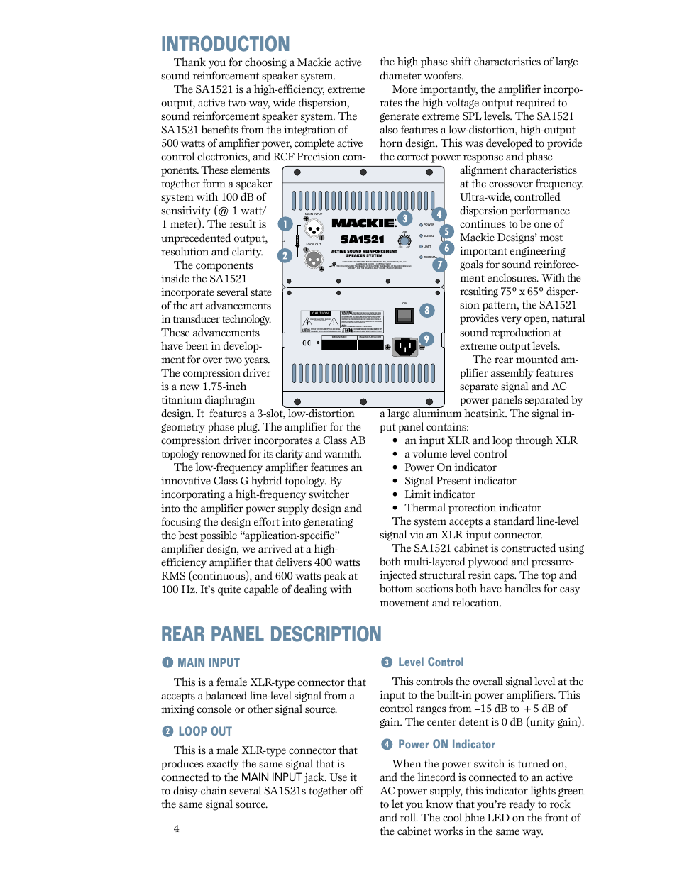 Introduction, Rear panel description, Introduction rear panel description | Main input, Loop out, Level control, Power on indicator, Sa1521 | MACKIE SA1521 User Manual | Page 4 / 12