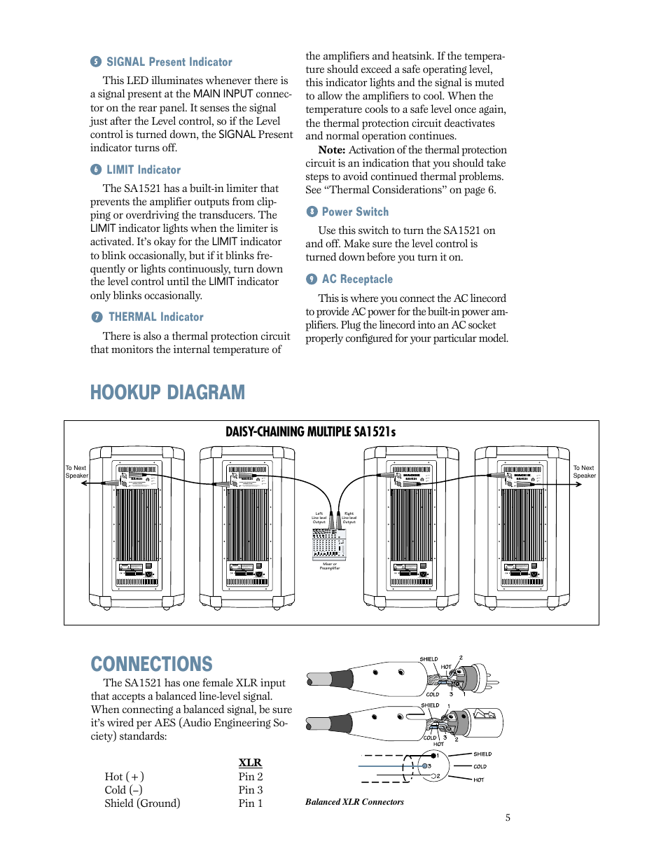 Hookup diagram, Connections, Hookup diagram connections | Daisy-chaining multiple sa1521s | MACKIE SA1521 User Manual | Page 5 / 12